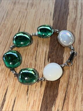 Green and White Glass Cabochon Link Bracelet - Women Jewelry